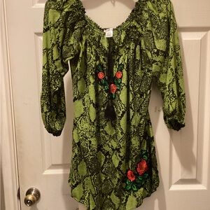 Elegant Green Snake Print Blouse with Floral Accents